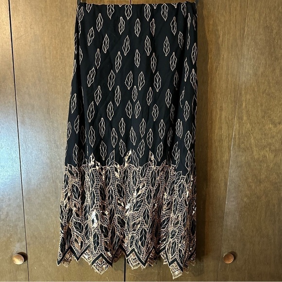 Serendipity Women’s XXL Black Gold Embroidered Leaves Sequins Button-Front Skirt - Picture 6 of 9